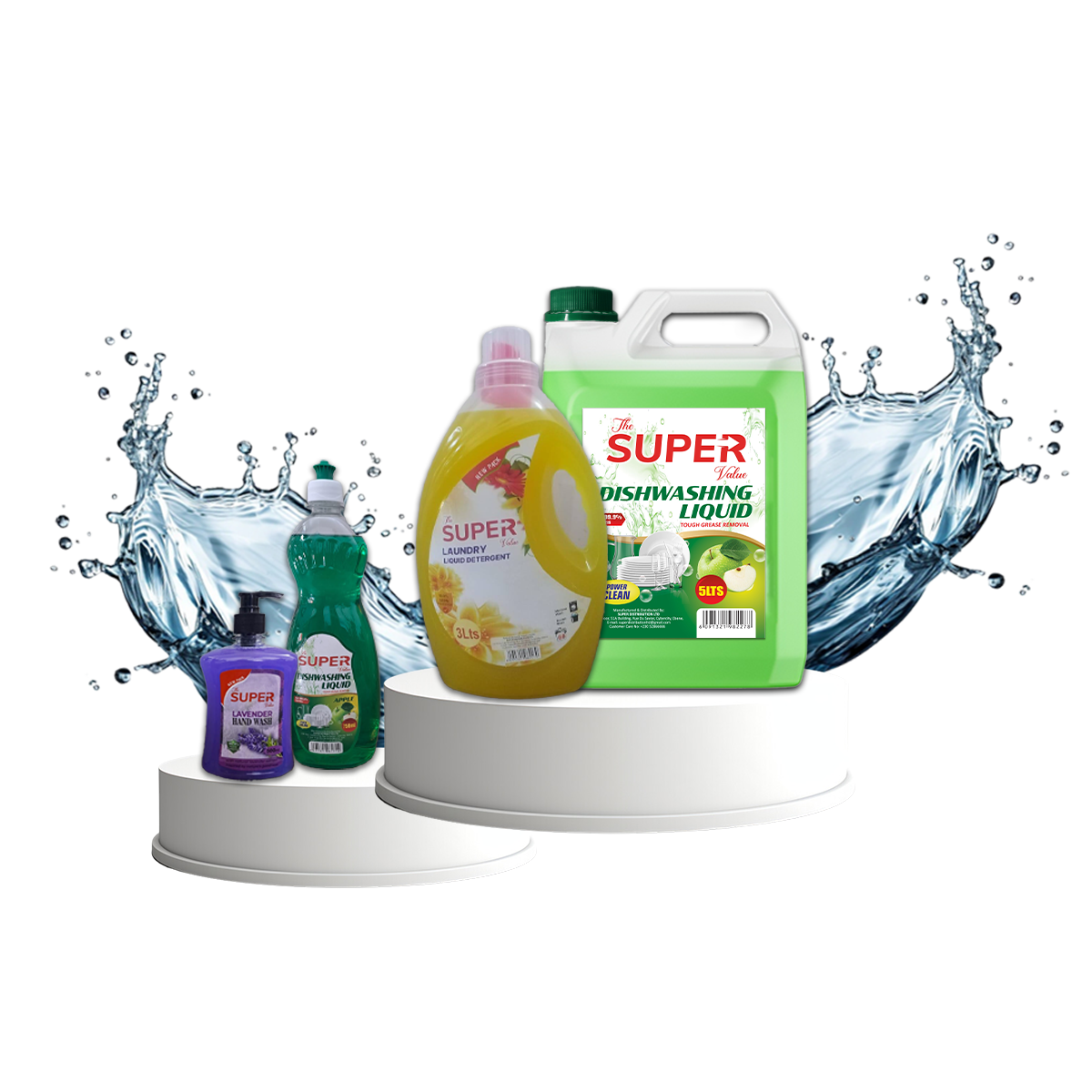 The Super Value Laundry 3L available in 5L & 10L. The Super Value Dish Washing 750ml available in 5L. The Super Value Hand Soap 500ml available in 5L. Toilet cleaner available in 500ml & 1L.