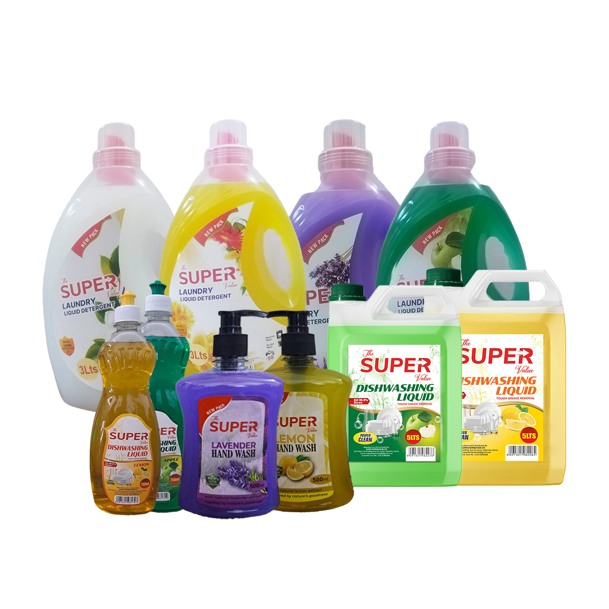 The Super Value Laundry 3L available in 5L & 10L. The Super Value Dish Washing 750ml available in 5L. The Super Value Hand Soap 500ml available in 5L. Toilet cleaner available in 500ml & 1L.